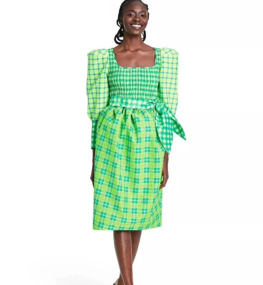 Christopher John Rogers Target Green Plaid Smocked Dress Size 0 NWT No Tie Waist